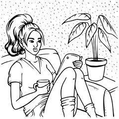 Woman sitting on cauch with a cup of coffe and reading from tablet pc line art vector illustration