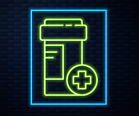 Glowing neon line Medicine bottle icon isolated on brick wall background. Bottle pill sign. Pharmacy design. Vector Illustration.