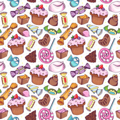 Colorful candies and sweets seamless pattern, hand drawn doodle sketch style background