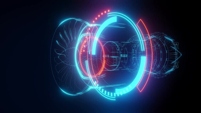 3D Model Detailed Silhouette of Jet Engine Turbine. Blue Jet Made of Blue Lines in Tron Style.