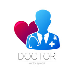 Doctor vector logotype in blue and violet color. Silhouette medical surgeon cardiologist man. Logo for clinic, hospital, cardiology, medicine and business. Concept isolated on white. Template for web