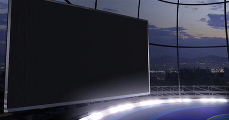 TV show backdrop, with video wall. Ideal for virtual tracking system sets, with green screen. (3D rendering)