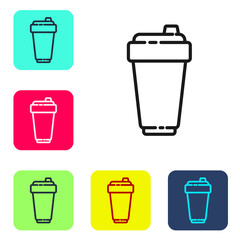 Black line Fitness shaker icon isolated on white background. Sports shaker bottle with lid for water and protein cocktails. Set icons in color square buttons. Vector Illustration.