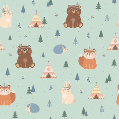 Vector seamless pattern with cute woodland tribal animals, fox, bear, rabbit, hedgehog, trees and wigwam. Scandinavian style illustration - 363505722