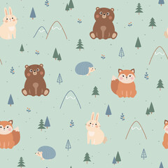 Vector seamless pattern with cute forest animals, fox, bear, rabbit, hedgehog, trees and mountains. Scandinavian style illustration - 363505730