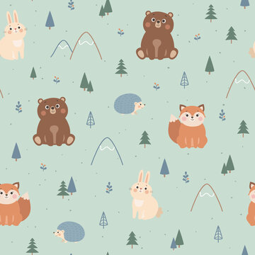 Vector seamless pattern with cute forest animals, fox, bear, rabbit, hedgehog, trees and mountains. Scandinavian style illustration