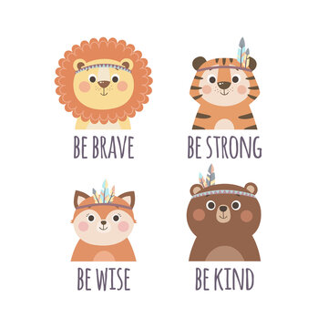 Set of cute stickers with tribal cartoon animals and quotes, vector illustration