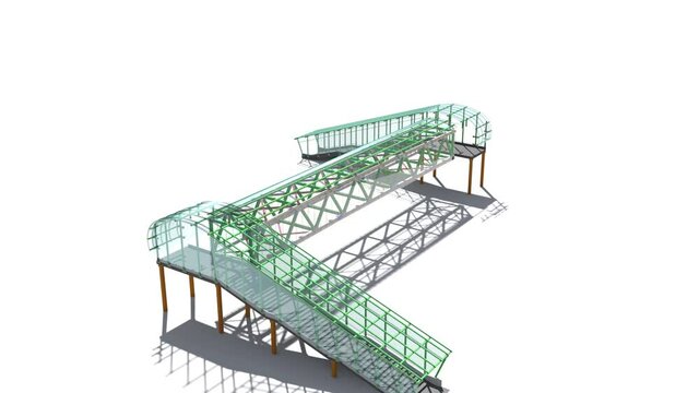 Presentation of a modern BIM model of a pedestrian crosswalk of glass and metal for the construction customer and contractor. Circular flyover of the BIM model. 3D rendering.
