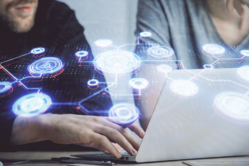 Media network theme hologram with man working on computer on background. Concept of internet communication. Double exposure.