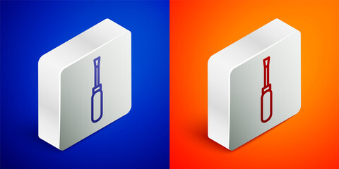 Isometric line Screwdriver icon isolated on blue and orange background. Service tool symbol. Silver square button. Vector Illustration.