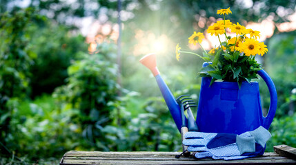 gardening tools in summer garden