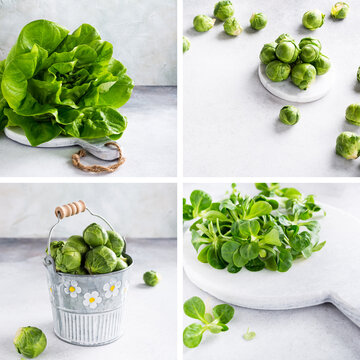 Food photo collage with assorted green vegetables, head of fresh organic lettuce salad, Brussels sprouts and field salad on light gray stone table top. Healthy food concept.