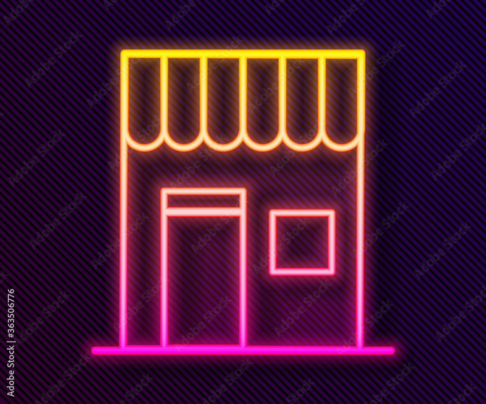 Wall mural Glowing neon line Coffee shop icon isolated on black background. Vector Illustration.