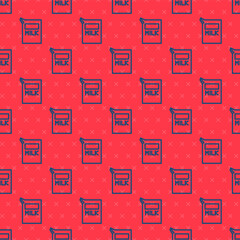 Blue line Paper package for milk icon isolated seamless pattern on red background. Milk packet sign. Vector Illustration.
