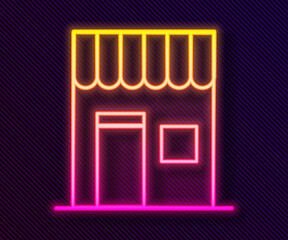 Glowing neon line Coffee shop icon isolated on black background. Vector Illustration.