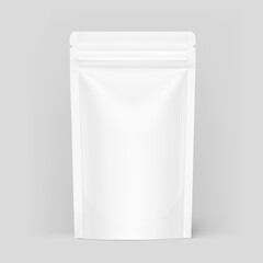Pouch bag with ziplock mockup on grey background. Vector illustration. Front view. Can be use for template your design, presentation, promo, ad. EPS10.	