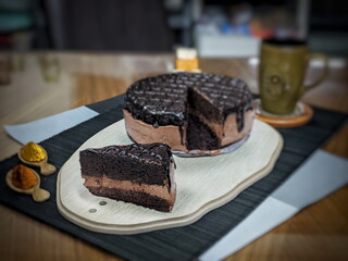 Close-up shot of sliced chocolate cake
