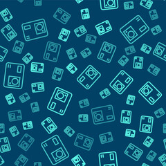 Green line Action extreme camera icon isolated seamless pattern on blue background. Video camera equipment for filming extreme sports. Vector Illustration.