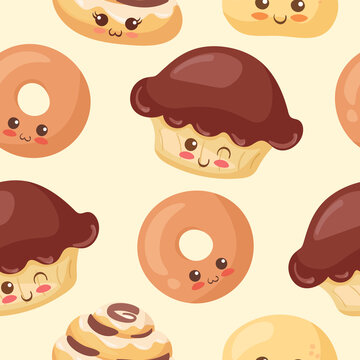 Funny bakery characters seamless pattern. Happy smiling food mascot vector illustration isolated on white background. Wrapping paper, food hall, postcard concept. Fresh bread, chocolate pie, bagel.