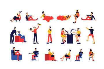 Fototapeta premium Leisure activity people flat color vector faceless character set