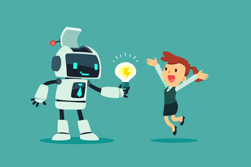 robot give idea bulb to businesswoman