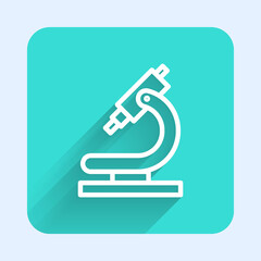 White line Microscope icon isolated with long shadow. Chemistry, pharmaceutical instrument, microbiology magnifying tool. Green square button. Vector Illustration.