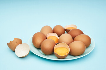 Chicken eggs on a saucer, a plate. Food, protein in foods.