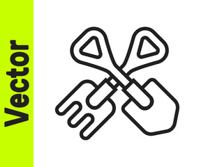 Black line Shovel and rake icon isolated on white background. Tool for horticulture, agriculture, gardening, farming. Ground cultivator. Vector Illustration.