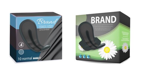 Black sanitary napkins packaging box mockup set, vector illustration isolated on white background. Realistic feminine hygiene pads sanitary towels pack templates. Comfort and protection for women. © Siberian Art