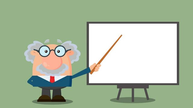 Professor Or Scientist Cartoon Character With Pointer Presenting On A Board. 4K Animation Video Motion Graphics With Background