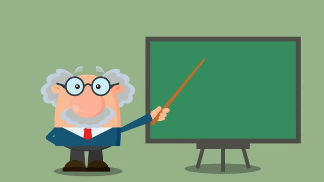 Professor Or Scientist Cartoon Character With Pointer Presenting On A Board. 4K Animation Video Motion Graphics With Background