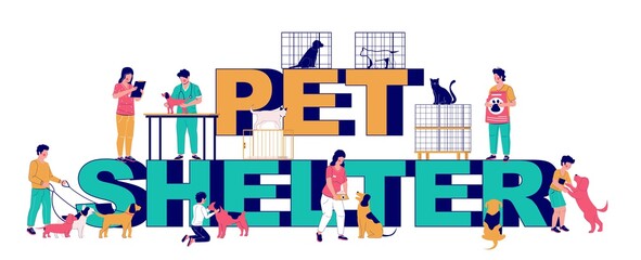 Pet shelter typography banner template, vector flat illustration. Animal shelter workers, volunteers walking and feeding dogs, people adopting pets. Veterinary care.
