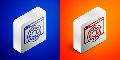 Isometric line Browser setting icon isolated on blue and orange background. Adjusting, service, maintenance, repair, fixing. Silver square button. Vector Illustration.