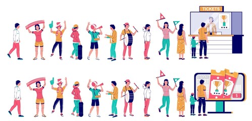 Fototapeta premium People standing in line at cashbox with cashier and at self service ticket kiosk, vector flat illustration. Football fans queue. Male and female characters waiting in line for sport event tickets.