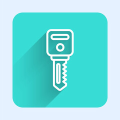 White line House key icon isolated with long shadow. Green square button. Vector Illustration.