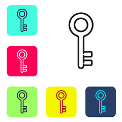 Black line House key icon isolated on white background. Set icons in color square buttons. Vector Illustration.