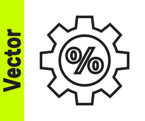 Black line Gear with percent icon isolated on white background. Vector Illustration.