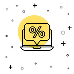 Black line Percent discount and laptop icon isolated on white background. Sale percentage - price label, tag. Random dynamic shapes. Vector Illustration.