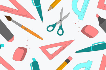 Back to school vector set. Seamless pattern with school stationery. Cartoon style illustrations. Endless texture. Autumn sale concept.