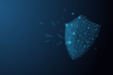 Futuristic glowing low polygonal shield made of stars, lines, dots, triangles isolated on dark blue background. Security and protection concept. Modern wireframe vector illustration.