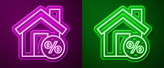 Glowing neon line House with percant discount tag icon isolated on purple and green background. House percentage sign price. Real estate home. Vector Illustration.