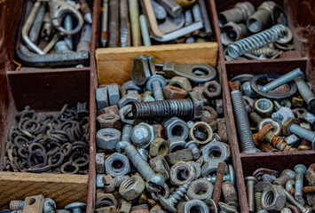 nut screws and nails iron rusty old close-up