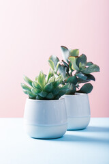Two indoor plants succulent in gray ceramic pots on blue and pink background with copy space. Retro style toned.