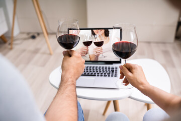 Virtual Wine Tasting Using Laptop. Online Party