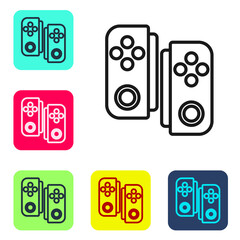 Black line Gamepad icon isolated on white background. Game controller. Set icons in color square buttons. Vector Illustration.