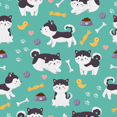 Childish vector seamless pattern. Kawaii cartoon Siberian Husky dogs with toys. Drawing pets. Food for dog. Paws on blue background.