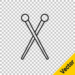 Black line Knitting needles icon isolated on transparent background. Label for hand made, knitting or tailor shop. Vector Illustration.