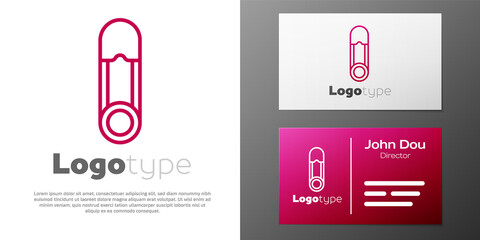 Logotype line Classic closed steel safety pin icon isolated on white background. Logo design template element. Vector Illustration.