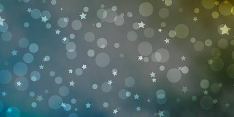 Light Blue, Yellow vector layout with circles, stars. Abstract illustration with colorful shapes of circles, stars. Pattern for design of fabric, wallpapers.