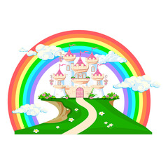 The magical castle of a beautiful princess in the clouds. Beautiful fairytale castle illustration. Vector illustration.